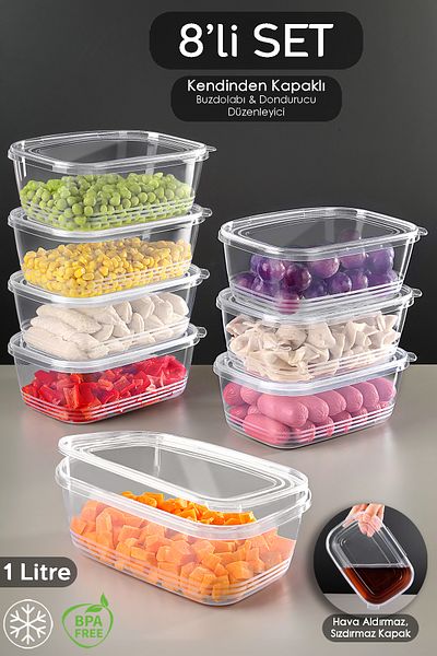 Meleni Home 1Lt Airtight Organizer - 8 Pieces of Storage Containers with Leak Proof Lids, Suitable for Deep Freezer