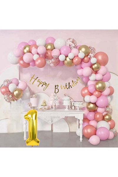 CUGY 1 Year Old Themed Balloon Birthday Balloon Chain Set with Rose Gold Detail