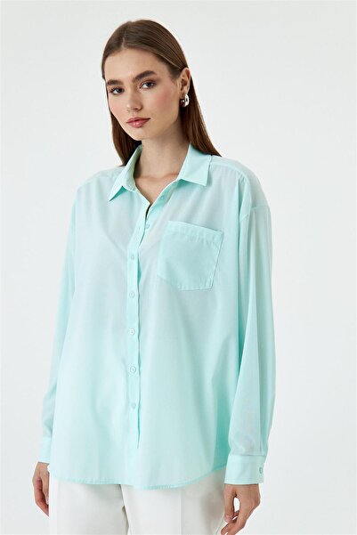 Tuba Butik Oversize Long Sleeve Mint Green Women's Shirt