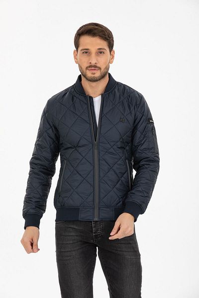Wise Men's Diamond Patterned Coat with Crest and Zipper Sleeve Detail