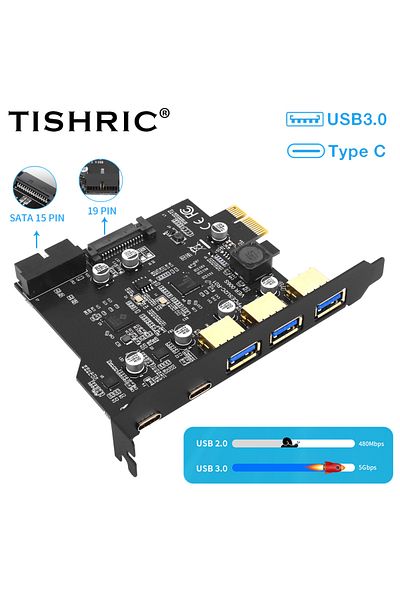 TISHRIC 1x إلى 2 من النوع C Pci-e 1x إلى 2 منفذ من النوع C 3 منافذ لوحة محول توسعة USB3.0 للتحكم في Pci