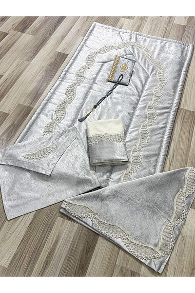 AYHANHOME 6 Piece Velvet French Laced Dowry Package Boxed Prayer Rug Set Bride Groom Set