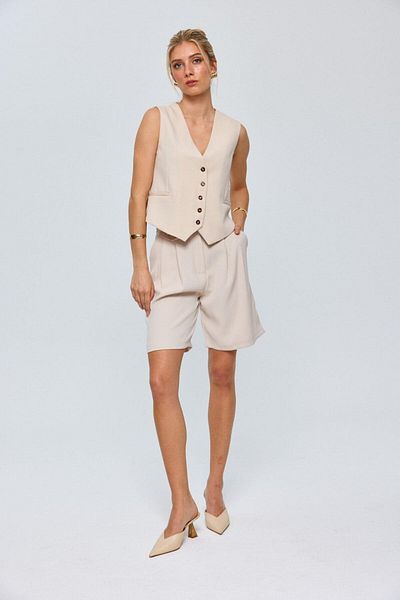 Tuba Butik Pleated Bermuda Beige Women's Shorts