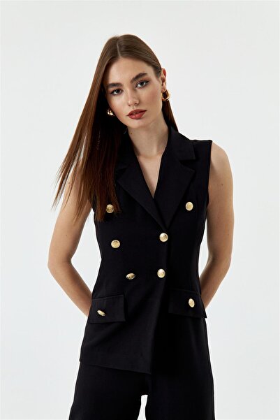 Tuba Butik Double Breasted Collar Design Black Women's Jumpsuit