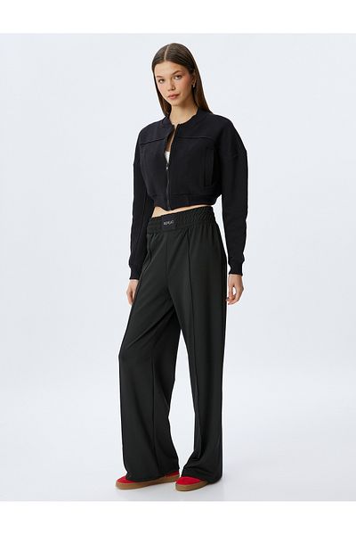 Koton High Waist Ribbed Sweatpants - Wide Leg, Elastic Waist, Slogan Interlock