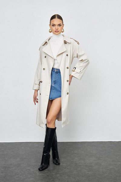 Tuba Butik Double Breasted Buttoned Long Stone Women's Trench Coat
