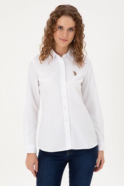U.S. Polo Assn. Cămașă de bază albă cu mânecă lungă pentru femei 50295704 -VR013