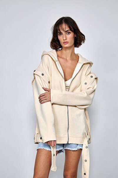 Tuba Butik Кремав дамски суичър със свалящ се детайл на ръкавите