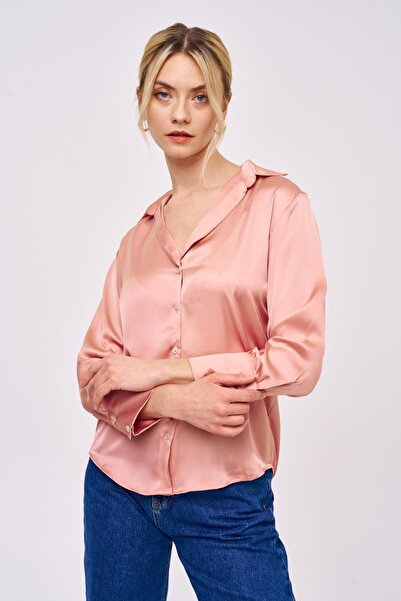 Tuba Butik Basic Draped Satin Powder Pink Women's Shirt