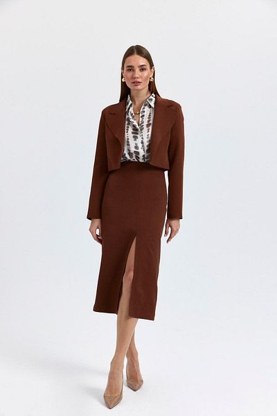 Tuba Butik Slit Straight Cut Brown Midi Skirt