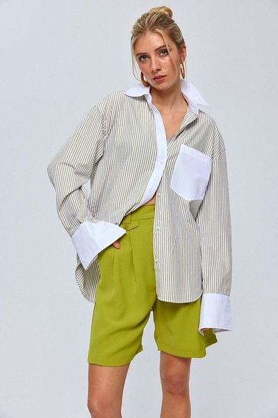 Tuba Butik Pleated Bermuda Oil Green Women's Shorts