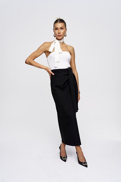 Tuba Butik Black Long Skirt with Lacing Detail and Slit