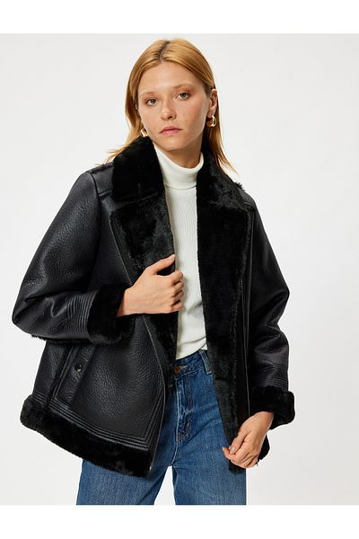 Koton Zippered Pocket Comfortable Fit Collar Faux Fur Detailed Faux Leather Biker Jacket