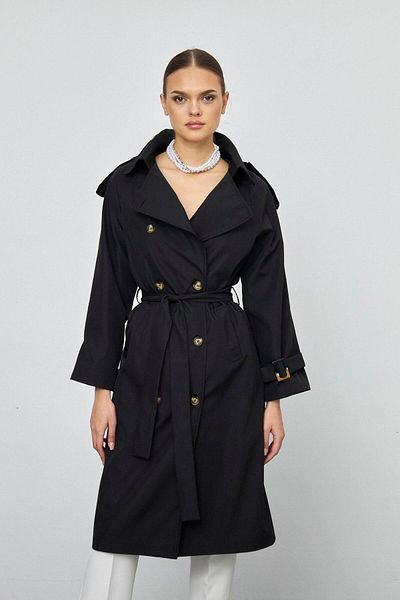 Tuba Butik Double Breasted Buttoned Long Black Women's Trench Coat
