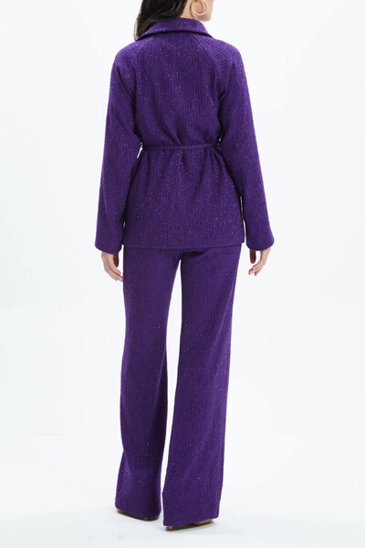 SERPİL Işıltılı Kumaş Kuşaklı Gömlek Yaka Takım Ve Bol Paça Pantolonlu Mor Takım 39168