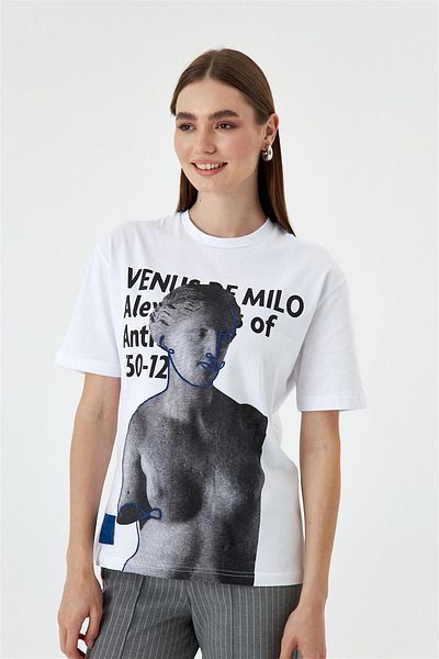 Tuba Butik Printed Short Sleeve White Women's T-Shirt