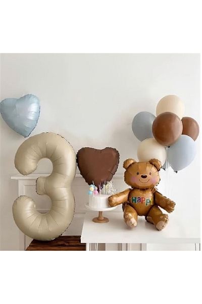 CUGY Brown Blue Cream Balloon Chain with Teddy Bear Figure and Age Numbers Birthday Party Decoration Set