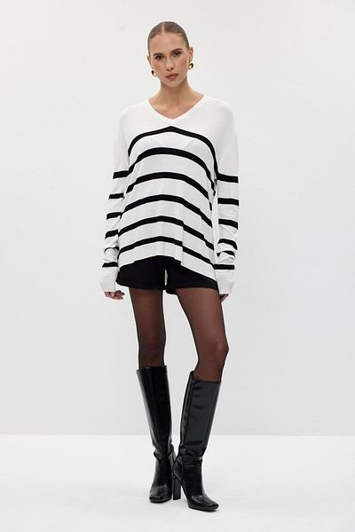 Tuba Butik Striped Basic V-Neck Knitwear Ecru Women's Sweater