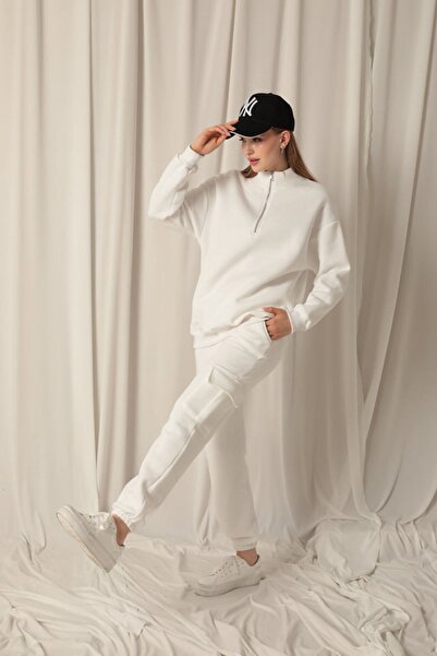 Store Three Thread Stand Collar Half Zipper Women's Ecru Sweat