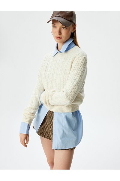 Koton Crew Neck Hair Knit Textured Crop Knitwear Sweater