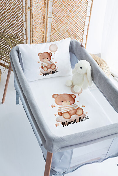 Lilabio %100 Pamuk Saten İsme Özel İsimli 70x120 Park Yatak Nevresim Seti Ayıcık