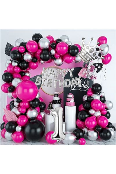 CUGY Queen Crowned 1 Year Old Numbers Pink Black Silver Themed Party Set Birthday Decoration for Girls