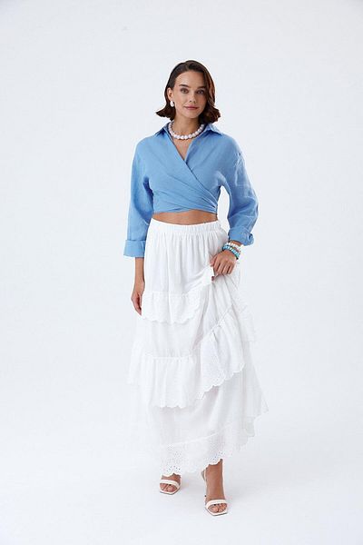 Tuba Butik Blue Crop Women's Shirt - 100% Linen, Lacing Detail