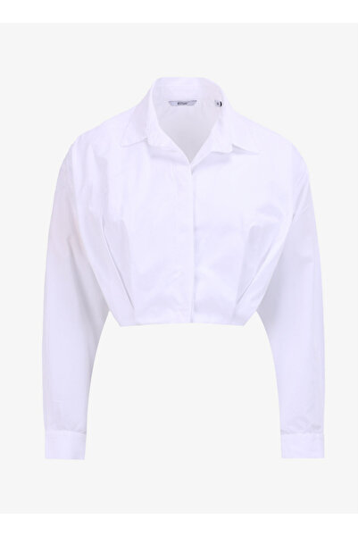 Mustang Crop Gömlek Yaka Düz Beyaz Kadın Gömlek M4WL-GML-1910
