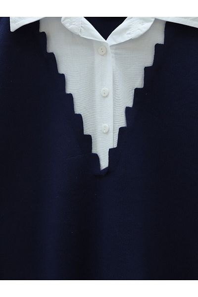 Modamorfo Strick-Tunika mit Hemd-Detail – Marineblau mit Kragen und Ärmeln