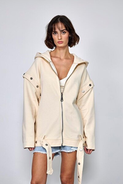 Tuba Butik Κρεμ γυναικείο φούτερ με αποσπώμενα μανίκια και λεπτομέρεια με κουμπώματα