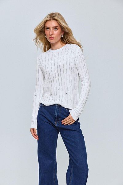 Tuba Butik White Thin Knitwear Crew Neck Women's Blouse