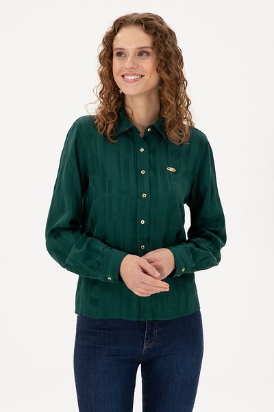 U.S. Polo Assn. Cămașă cu mânecă lungă de culoare verde închis pentru femei 50289818 -VR079