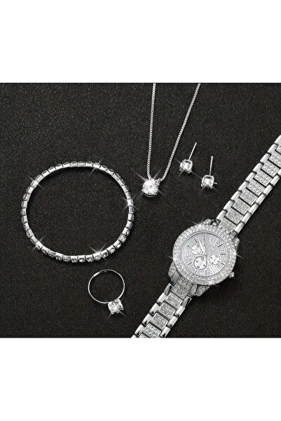 stainless steell VİP simli kuvars saat 5 parça lüks takı seti