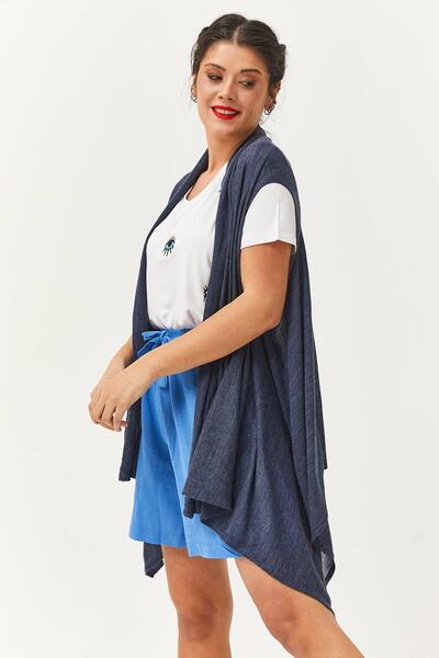 Ebsumu Жіночий тонкий трикотажний літній безрукавний темно-синій кардиган і парео
