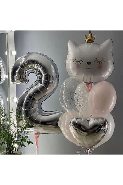 CUGY White Kitten Figure Silver Age Number Balloon Chain Birthday Party Decoration Set