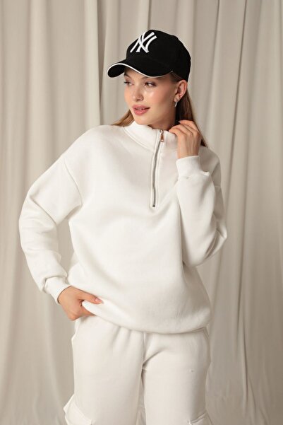 Store Three Thread Stand Collar Half Zipper Women's Ecru Sweat