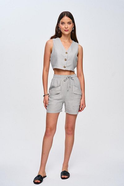 Tuba Butik Linen Vest Shorts Gray Women's Set