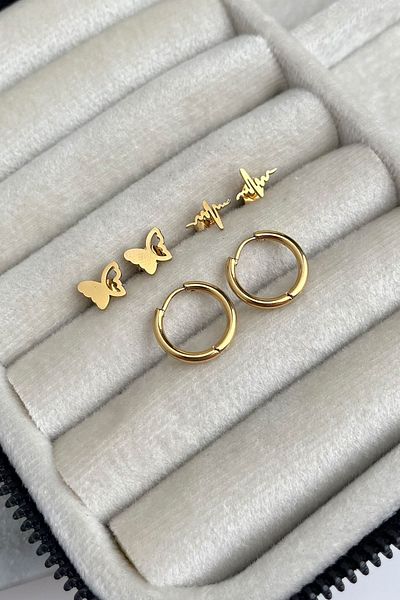 Modex Steel Gold Color Butterfly&Hoop&Heartbeat Multiple Earrings