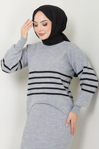 hafsamina Gray Striped Knitwear Gilet Sweater and Top Set - Hm2596