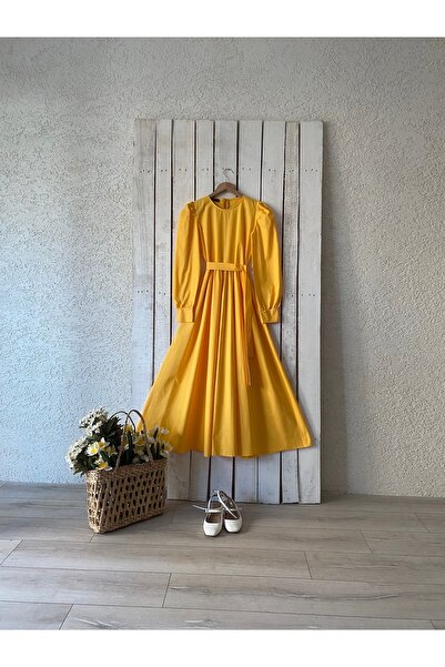 KÜÇÜĞÜM BUTİK Long Dark Yellow Poplin Flared Dress