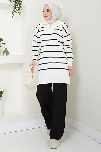 hafsamina Black Knitwear Striped Tunic and Trousers Set - Hm2586