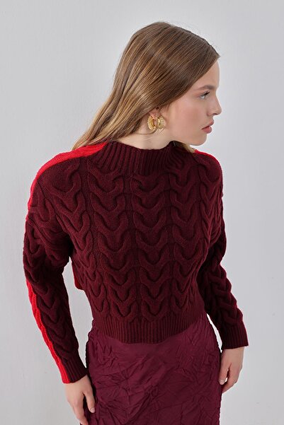 pieces of melon Kırmızı-Bordo Saç Örgülü Dik Yakalı Çift Taraflı Giyilebilir Kazak