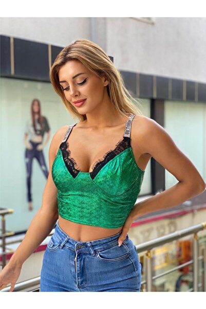 pink and pink Askıları Taş Detaylı Yeşil Büstiyer