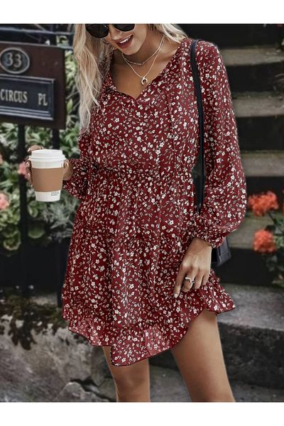 Kokosh moda Rochie scurtă din jerseu, cu mâneci lungi, cu decolteu în V, cu șireturi, cu imprimeu floral