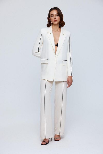 Tuba Butik Ecru Women's Set - Jacket and Trousers with Piping Detail