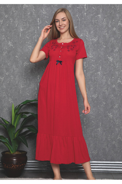 ERDENİZ TEKSTİL Çiçek Nakışlı ve Düğmeli Kadın Gecelik - Pamuklu