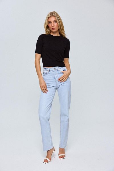 Tuba Butik Black Knitwear Blouse - Crew Neck and Pearl Detail
