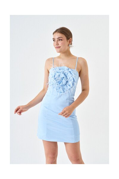 Favori Tekstil Pamuk Saten Kumaş Mini Boy Gül Detaylı Askılı Abiye Elbise