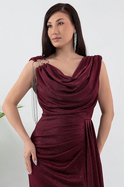 PULLIMM Glittery Degaje Collar Dress with Shoulder Accessories 39878