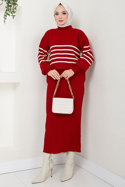hafsamina Red Striped Gilet Knitwear Sweater and Top Set - Hm2596